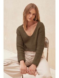 Snuggle Club Olive Green V-Neck Cropped Pullover Sweater