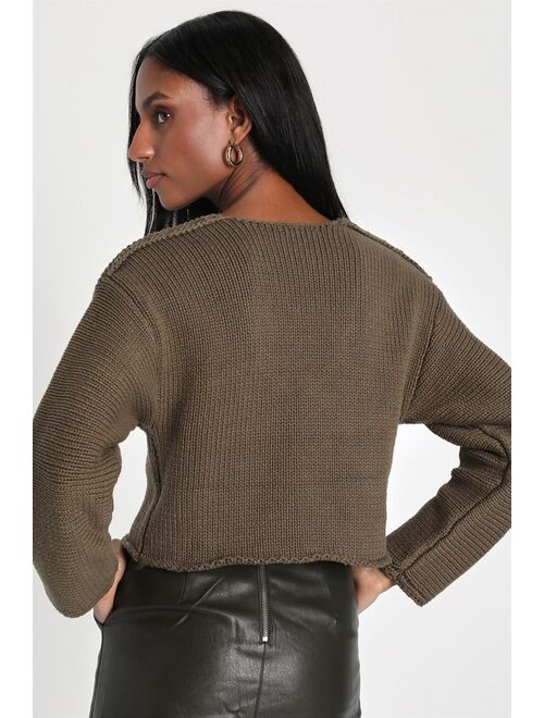 Lulus Snuggle Club Olive Green V-Neck Cropped Pullover Sweater