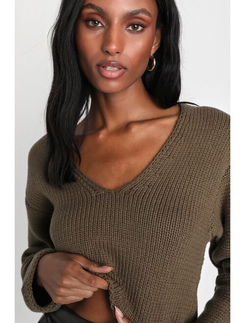 Lulus Snuggle Club Olive Green V-Neck Cropped Pullover Sweater