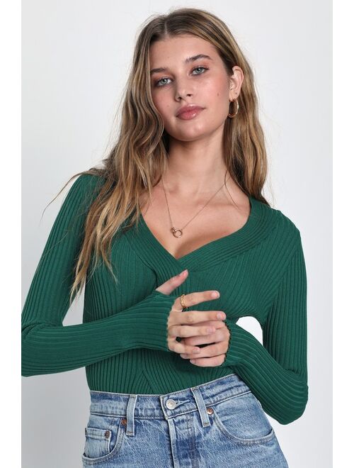 Lulus Elevated Vibes Emerald Green Ribbed Long Sleeve Sweater Top