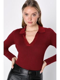 Daily Sensation Burgundy Ribbed Collared Long Sleeve Top