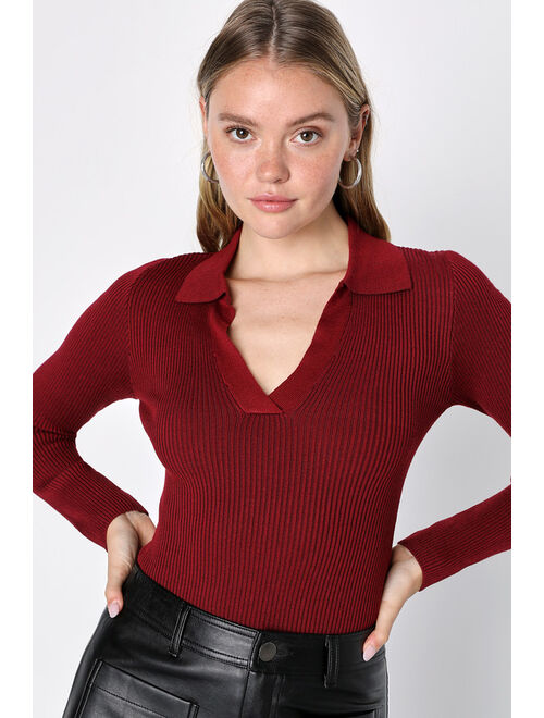 Lulus Daily Sensation Burgundy Ribbed Collared Long Sleeve Top