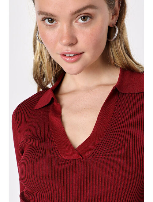 Lulus Daily Sensation Burgundy Ribbed Collared Long Sleeve Top