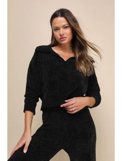 Plush Tranquility Black Chenille Knit Collared Pullover Sweater