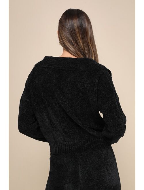 Lulus Plush Tranquility Black Chenille Knit Collared Pullover Sweater