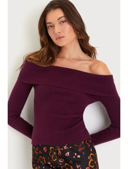Casually Gorgeous Burgundy Ribbed Knit Off-the-Shoulder Top