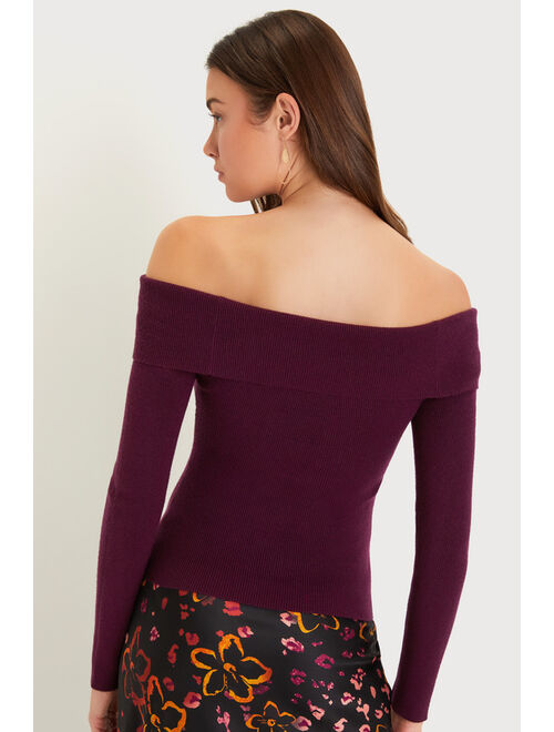 Lulus Casually Gorgeous Burgundy Ribbed Knit Off-the-Shoulder Top