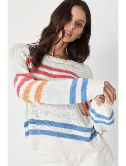 Confidently Cute White Striped Pullover Sweater