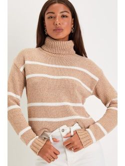 Fashionable Aura Beige Striped Chenille Knit Turtleneck Sweater