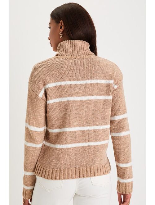 Lulus Fashionable Aura Beige Striped Chenille Knit Turtleneck Sweater