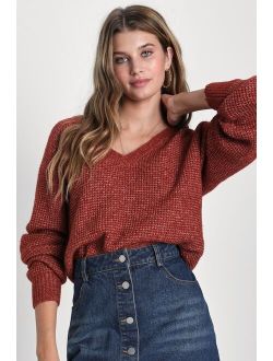 Cozy Adoration Heather Rust Red V-Neck Pullover Sweater