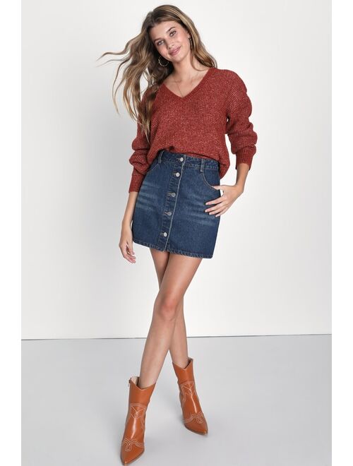 Lulus Cozy Adoration Heather Rust Red V-Neck Pullover Sweater