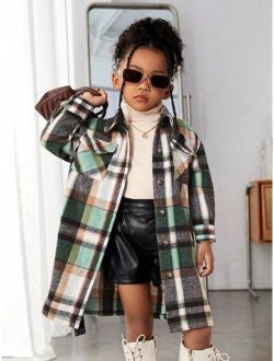 Young Girl Plaid Print Drop Shoulder Flap Pocket Belted Overcoat