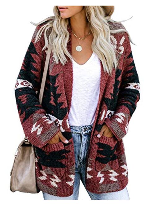 FERBIA Women Boho Cardigan Aztec Open Front Loose Slouchy Sweaters Tribal Long Sleeve Knitted Christmas Jacket Coat