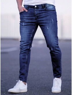 Shein Manfinity Homme Men Cotton Ripped Frayed Cat Scratch Skinny Jeans