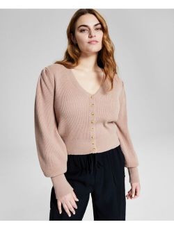Women's Puff-Sleeve Ribbed Cardigan, Created for Macy's