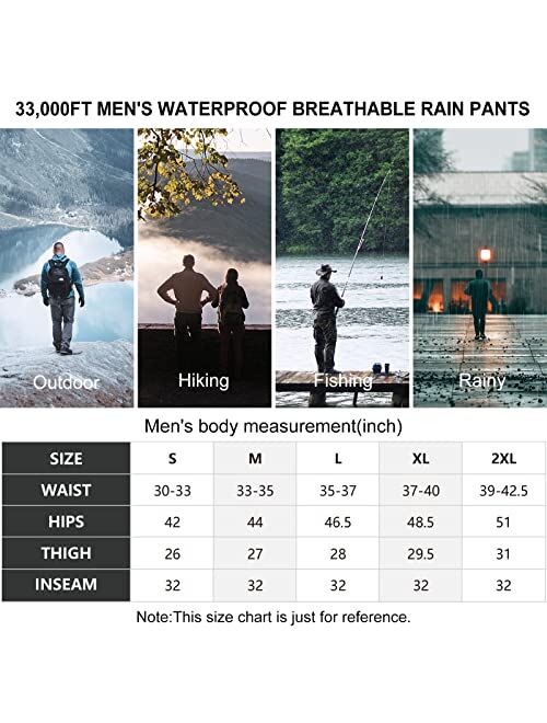 33,000ft Men's Rain Pants Waterproof Lightweight Breathable Golf Over Pants for Hiking Travel Cycling Outdoor