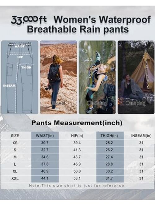 33,000ft Women's Rain Pants, Waterproof Lightweight Breathable Rain Overall Hiking Pants