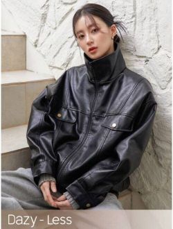 Dazy-Less Flap Pocket Drop Shoulder PU Leather Jacket