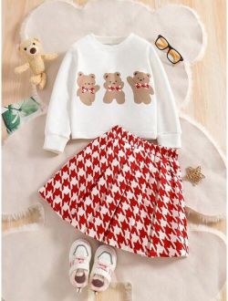 Young Girl Bear Print Sweatshirt & Houndstooth Print Skirt