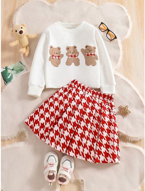 Shein Young Girl Bear Print Sweatshirt & Houndstooth Print Skirt