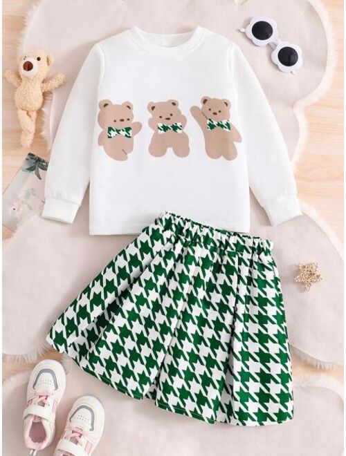 Shein Young Girl Bear Print Sweatshirt & Houndstooth Print Skirt