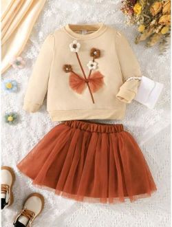 Kids CHARMNG Young Girl Floral Appliques Sweatshirt & Mesh Overlay Skirt
