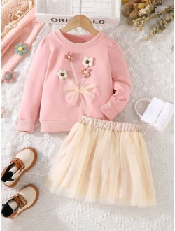 Kids CHARMNG Young Girl Floral Appliques Sweatshirt & Mesh Overlay Skirt