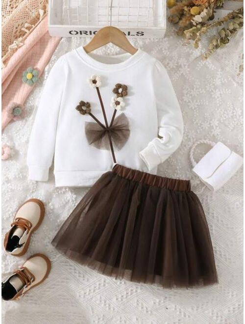 SHEIN Kids CHARMNG Young Girl Floral Appliques Sweatshirt & Mesh Overlay Skirt