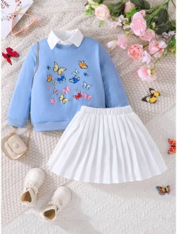 Young Girl Butterfly Print Sweatshirt & Pleated Skirt