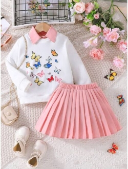 Young Girl Butterfly Print Sweatshirt & Pleated Skirt