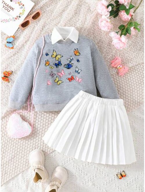 Shein Young Girl Butterfly Print Sweatshirt & Pleated Skirt
