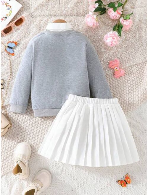 Shein Young Girl Butterfly Print Sweatshirt & Pleated Skirt