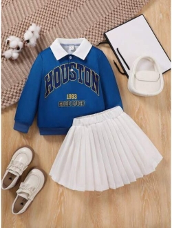 Young Girl Letter Graphic Contrast Collar Sweatshirt & Pleated Skirt