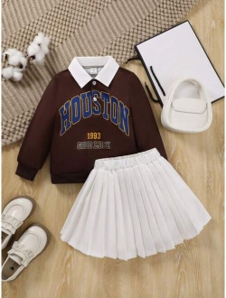 Young Girl Letter Graphic Contrast Collar Sweatshirt & Pleated Skirt
