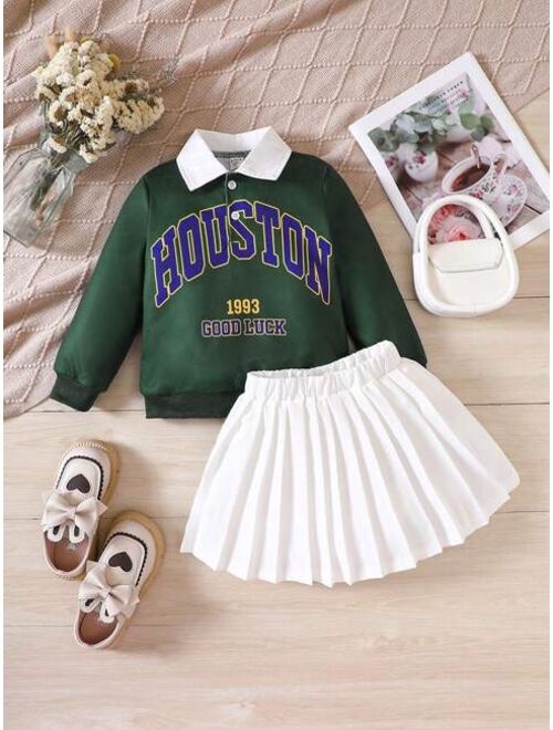 Shein Young Girl Letter Graphic Contrast Collar Sweatshirt & Pleated Skirt