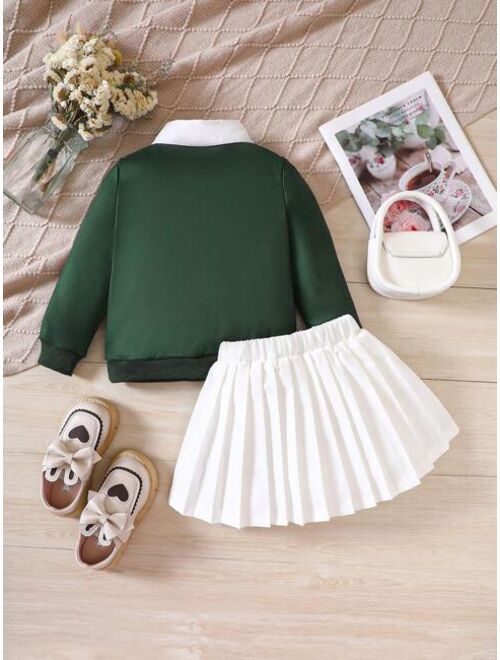 Shein Young Girl Letter Graphic Contrast Collar Sweatshirt & Pleated Skirt