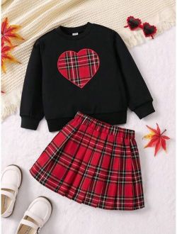 Kids QTFun Young Girl Heart Embroidered Sweatshirt & Tartan Pleated Skirt