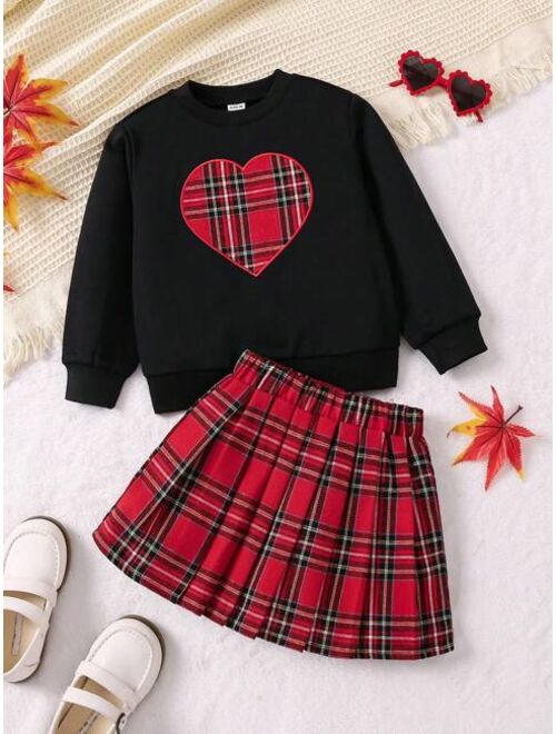 SHEIN Kids QTFun Young Girl Heart Embroidered Sweatshirt & Tartan Pleated Skirt