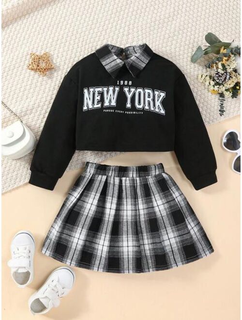 SHEIN Kids QTFun Toddler Girls' Plaid Collar Sweatshirt + Plaid A-line Skirt 2pcs/set For Spring And Autumn