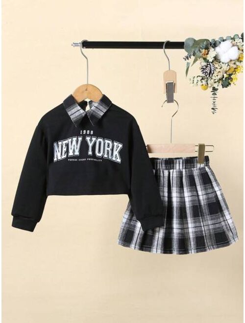 SHEIN Kids QTFun Toddler Girls' Plaid Collar Sweatshirt + Plaid A-line Skirt 2pcs/set For Spring And Autumn