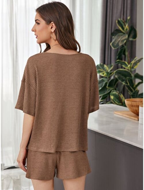 SHEIN LUNE Notch Neck Waffle Knit Top & Track Shorts Set