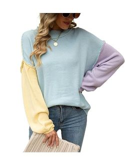 Women's Cute Color Block Patchwork Crew Neck Lantern Sleeve Knitted Pullover Sweater Tops