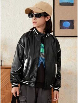 1pc Tween Boy Contrast Piping Drop Shoulder PU Leather Varsity Jacket