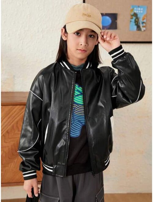 SHEIN 1pc Tween Boy Contrast Piping Drop Shoulder PU Leather Varsity Jacket