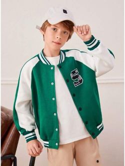 Kids Academe Tween Boy Letter Patched Striped Trim Raglan Sleeve Varsity Jacket