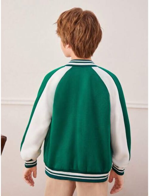 SHEIN Kids Academe Tween Boy Letter Patched Striped Trim Raglan Sleeve Varsity Jacket