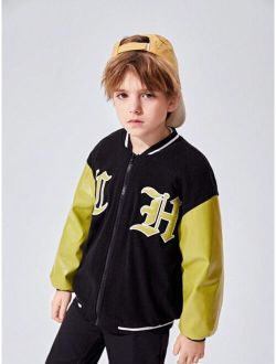 JNSQ Tween Boy Letter Embroidery Drop Shoulder Two Tone Varsity Jacket