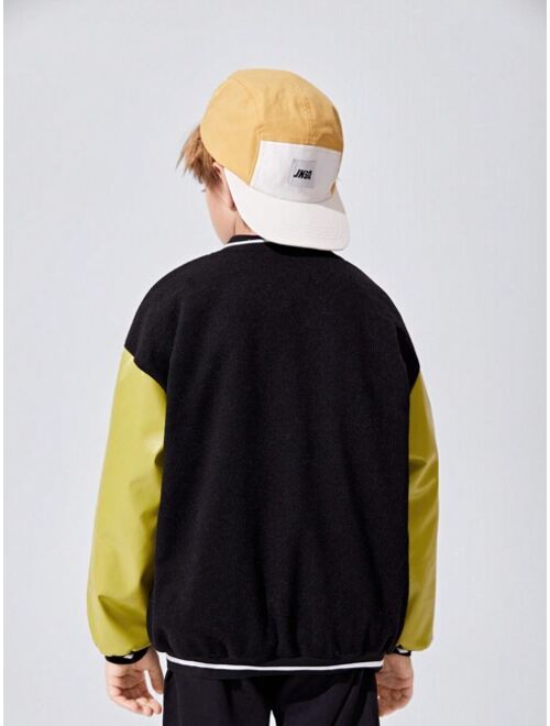 Shein JNSQ Tween Boy Letter Embroidery Drop Shoulder Two Tone Varsity Jacket