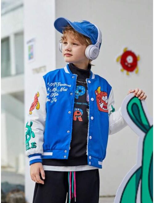 SHEIN Kids HYPEME Tween Boy Slogan & Cartoon Graphic Varsity Jacket